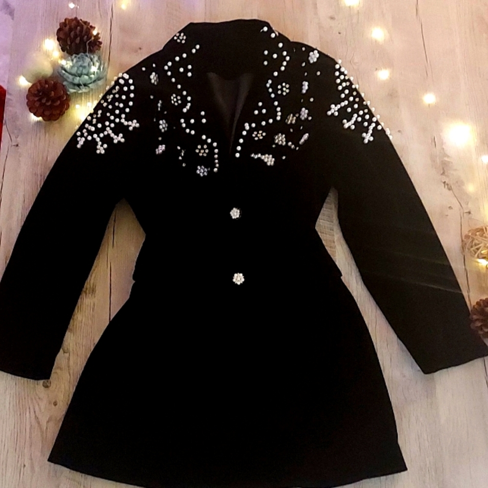 black blazer coat with pearls  large size